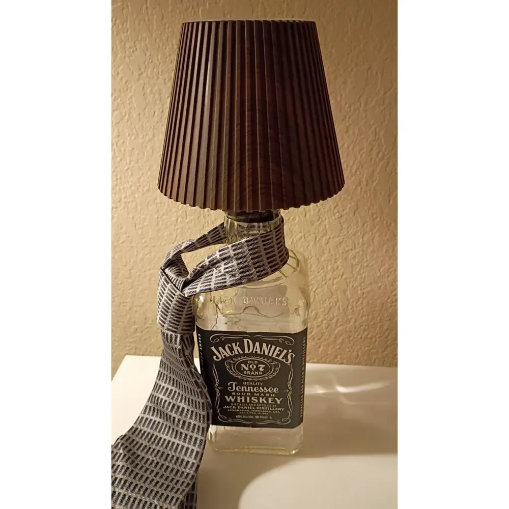 Jack Daniel's Glass Bottle Table Lamp with Brown Cone Shade, Rechargeable